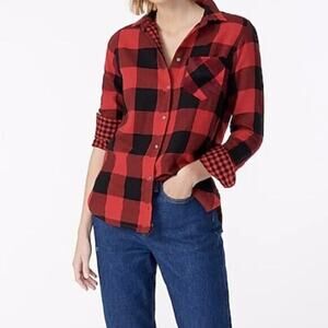 J Crew Womens Buffalo Plaid Flannel Shirt Red Black Classic Fit Sz 4 Christmas